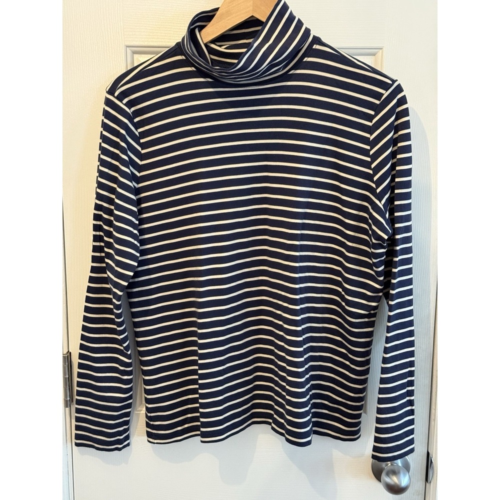 L L Bean Navy Stripped Nautical Turtleneck 100% Suprima Cotton Size XL Preppy